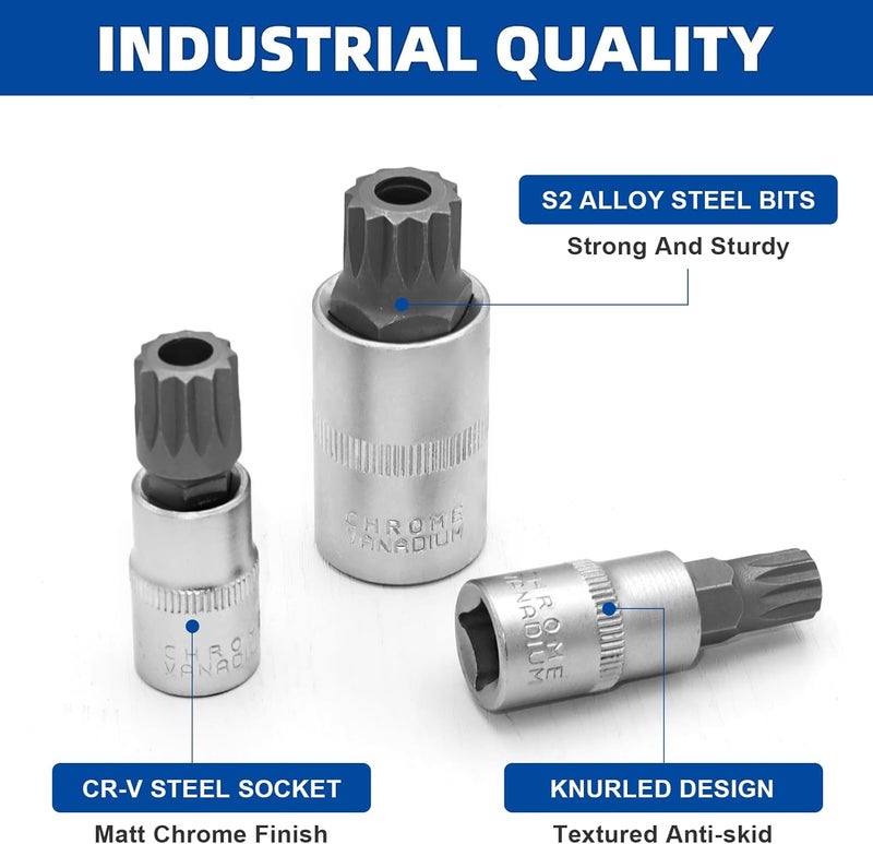 DAZCOS Triple Square Spline Bit Socket Set 10pcs Silver M4 - M18, Premium S2 Alloy Steel, 1/4” 3/8” 1/2” Drive - Image 3